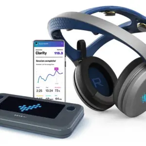A pair of Sens.ai Meditation & Brain Training Headset for brain training with an electronic device.